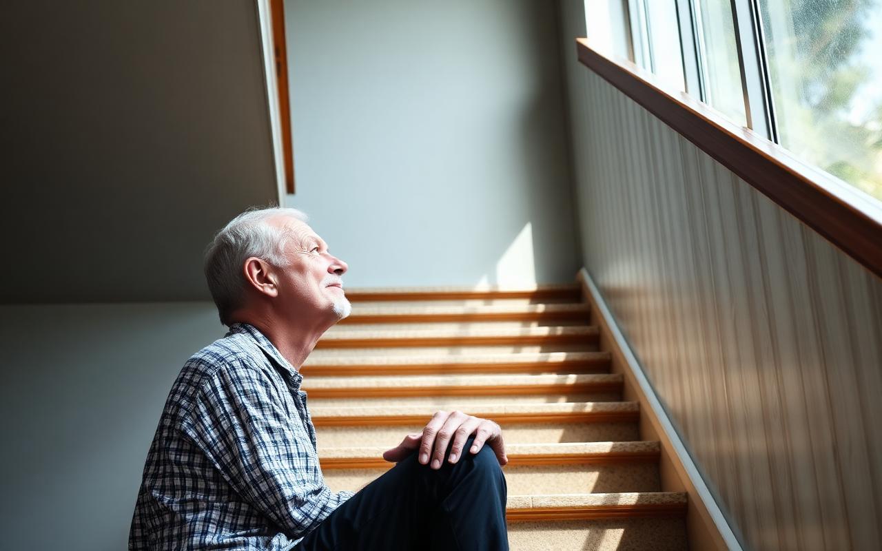 Senior devant un escalier