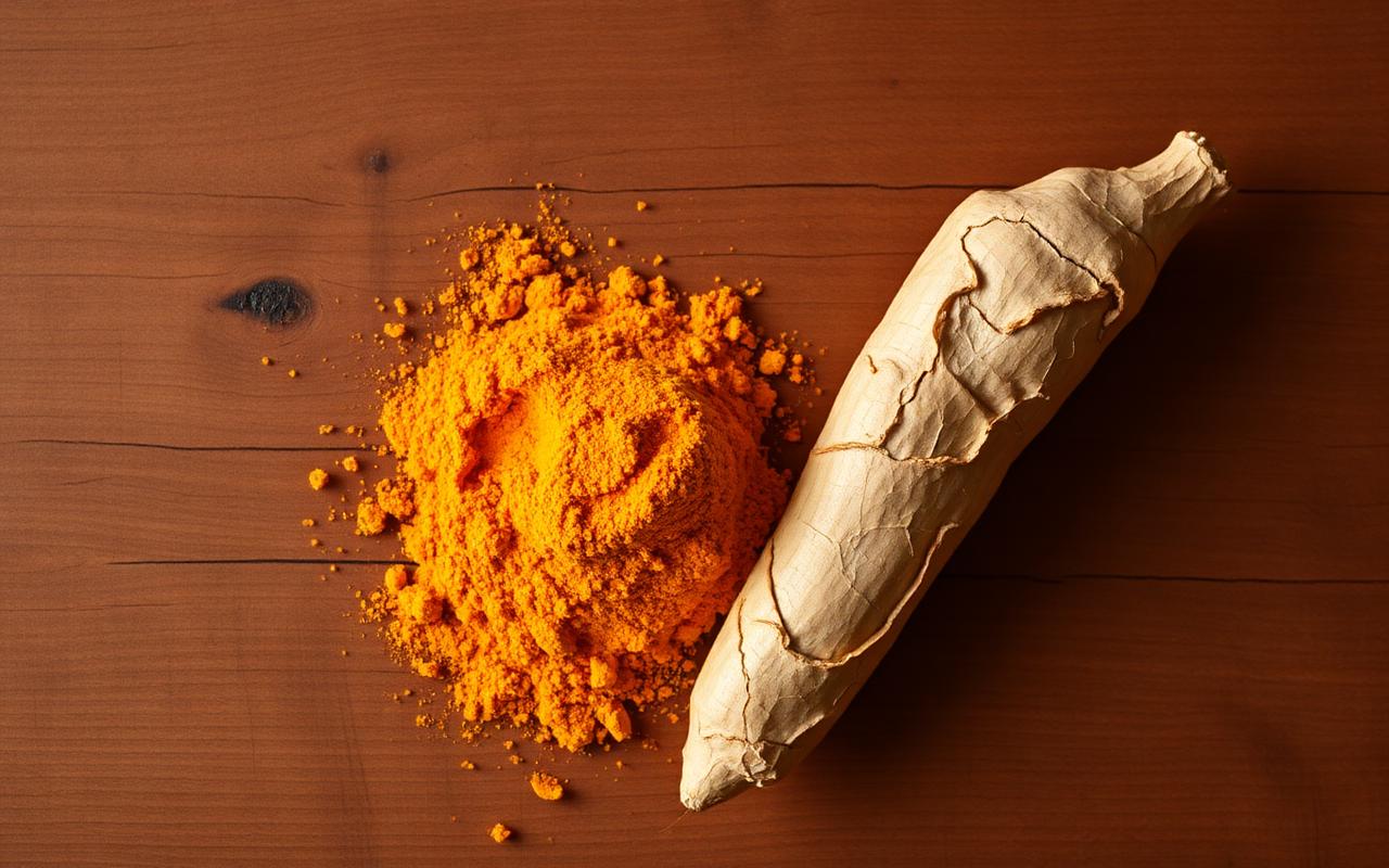 Curcuma et curcumine — racine et poudre dorée